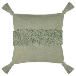 B&M Indigo Tufted Stripe Cushion With Tassels - Sage