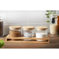 B&M Natural Home Glass Jars In Bamboo Stand 3pk -B&M 380530 3pk natural home glass jars in bamboo stand 2