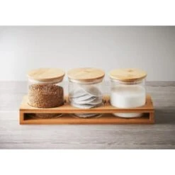 B&M Natural Home Glass Jars In Bamboo Stand 3pk -B&M 380530 3pk natural home glass jars in bamboo stand