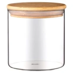 B&M Natural Home Glass Jars In Bamboo Stand 3pk -B&M 380530 3pk natural home glass jars in bamboo stand 3