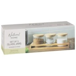 B&M Natural Home Glass Jars In Bamboo Stand 3pk -B&M 380530 3pk natural home glass jars in bamboo stand 7