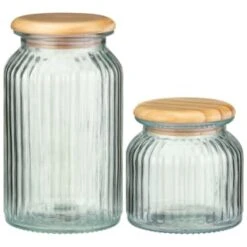 B&M Small Ribbed Glass Jar With Wooden Lid -B&M 394426 394427 ribbed glass jar with wooden lid group 1
