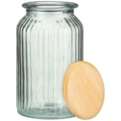 B&M Large Ribbed Glass Jar With Wooden Lid -B&M 394426 ribbed glass jar with wooden lid large