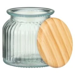 B&M Small Ribbed Glass Jar With Wooden Lid -B&M 394427 ribbed glass jar with wooden lid small