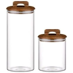 B&M Small Glass Jar With Acacia Wood Lid -B&M 394438 394439 glass canister with acacia wood group